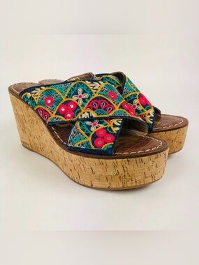Sam Edelman Darlene Embroidered Boho Cork Platform Wedge Sandal 7.5